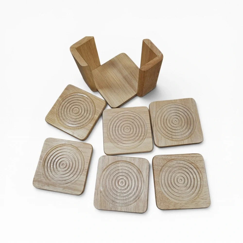 Coaster Set Brown Good Carved Wood Concentric Circles 6pc with Holder
